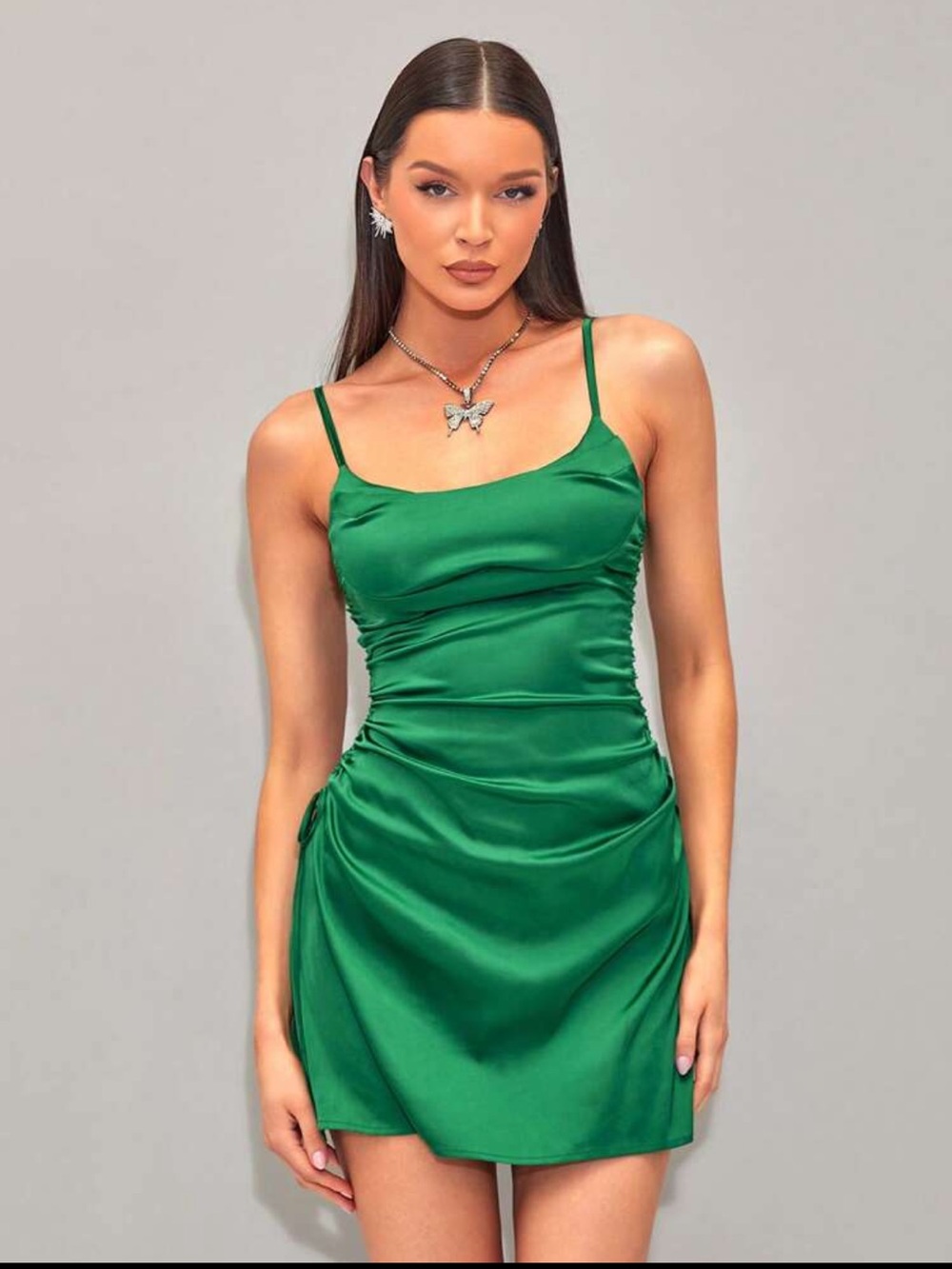 Green Satin Mini Slip Dress with Side Ties